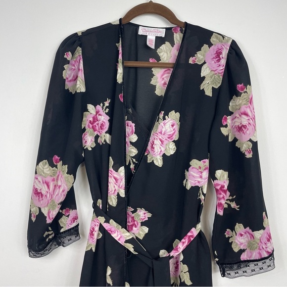 Black Floral Lingerie set Oscar de la Renta Robe Nightgown Rose 2 Piece Med Alt - Picture 6 of 16
